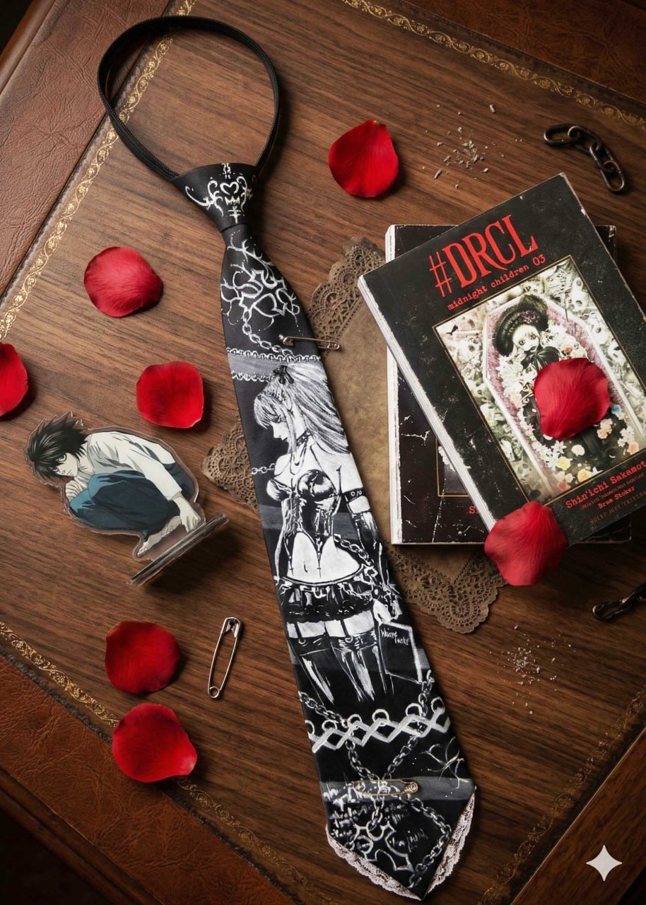 Custom hand-painted tie by Dahlia — manga-inspired artwork with chains and rose petals